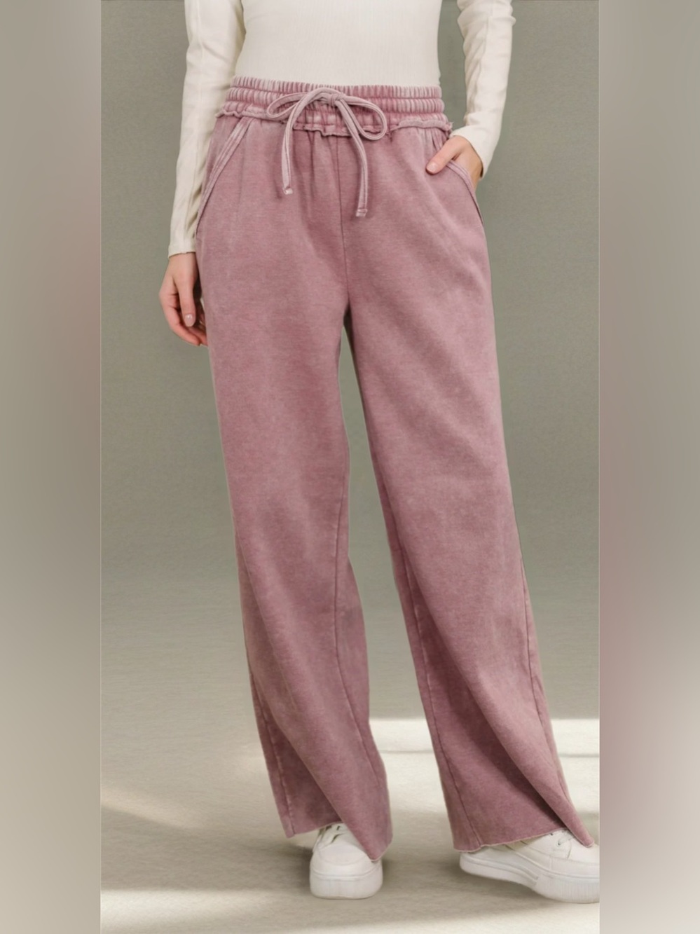 NWT Zenana Acid Wash Wide-Leg Fleece Sweatpants - Light Rose